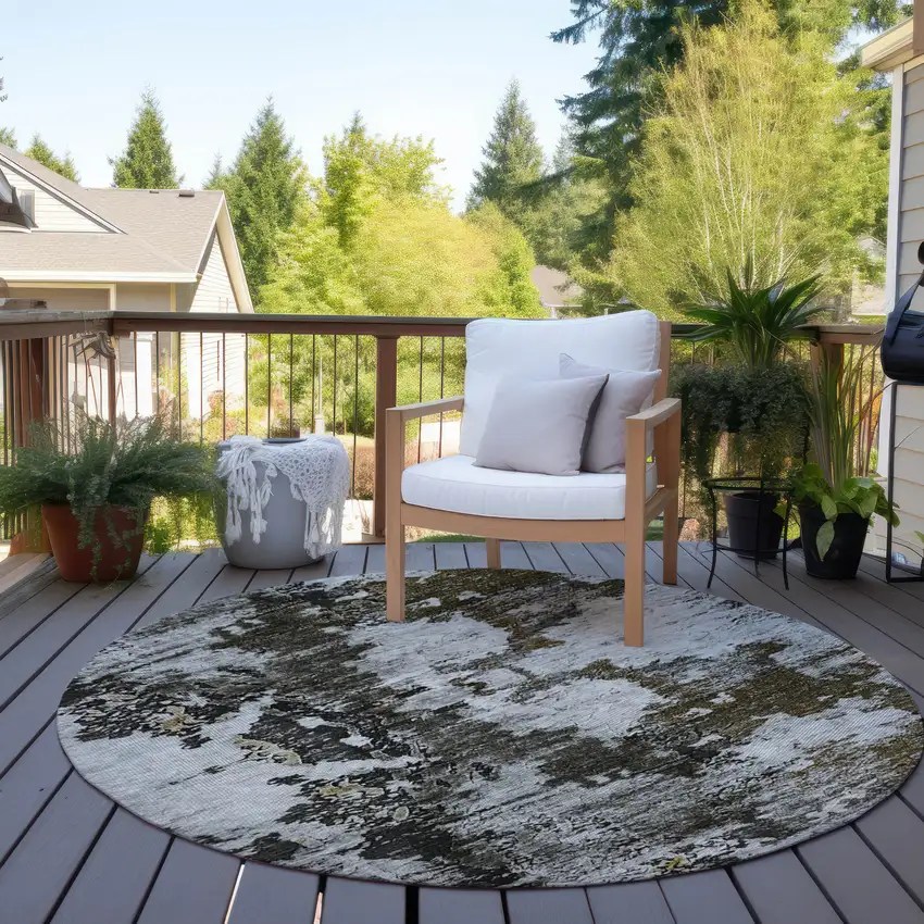 8' Taupe Brown And Gold Round Abstract Washable Indoor Outdoor Area Rug Photo 6