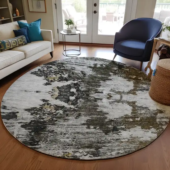8' Taupe Brown And Gold Round Abstract Washable Indoor Outdoor Area Rug Photo 7