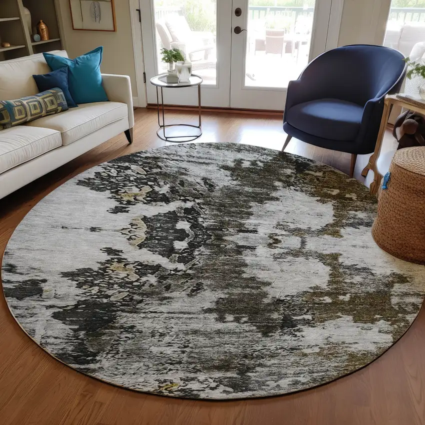 8' Taupe Brown And Gold Round Abstract Washable Indoor Outdoor Area Rug Photo 7