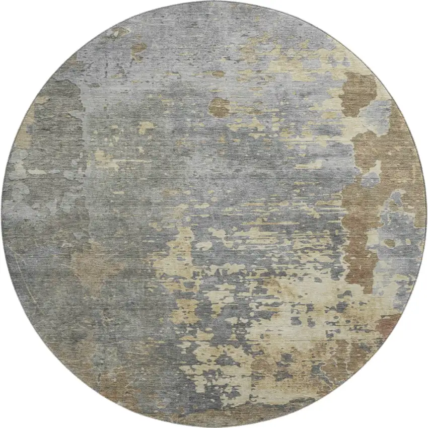 8' Taupe Brown And Gray Abstract Washable Round Rug With UV Protection Photo 1