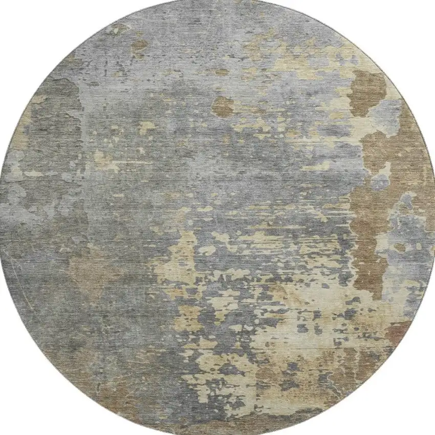 8' Taupe Brown And Gray Abstract Washable Round Rug With UV Protection Photo 3
