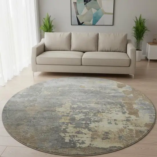 8' Taupe Brown And Gray Abstract Washable Round Rug With UV Protection Photo 2
