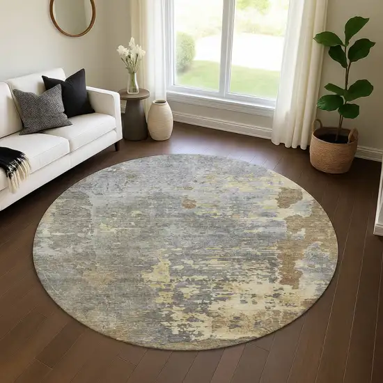 8' Taupe Brown And Gray Abstract Washable Round Rug With UV Protection Photo 4