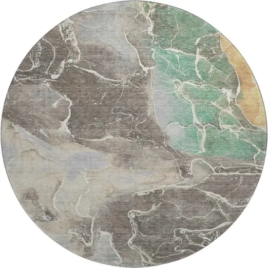 8' Taupe Brown And Gray Abstract Washable Round Rug With UV Protection Photo 1