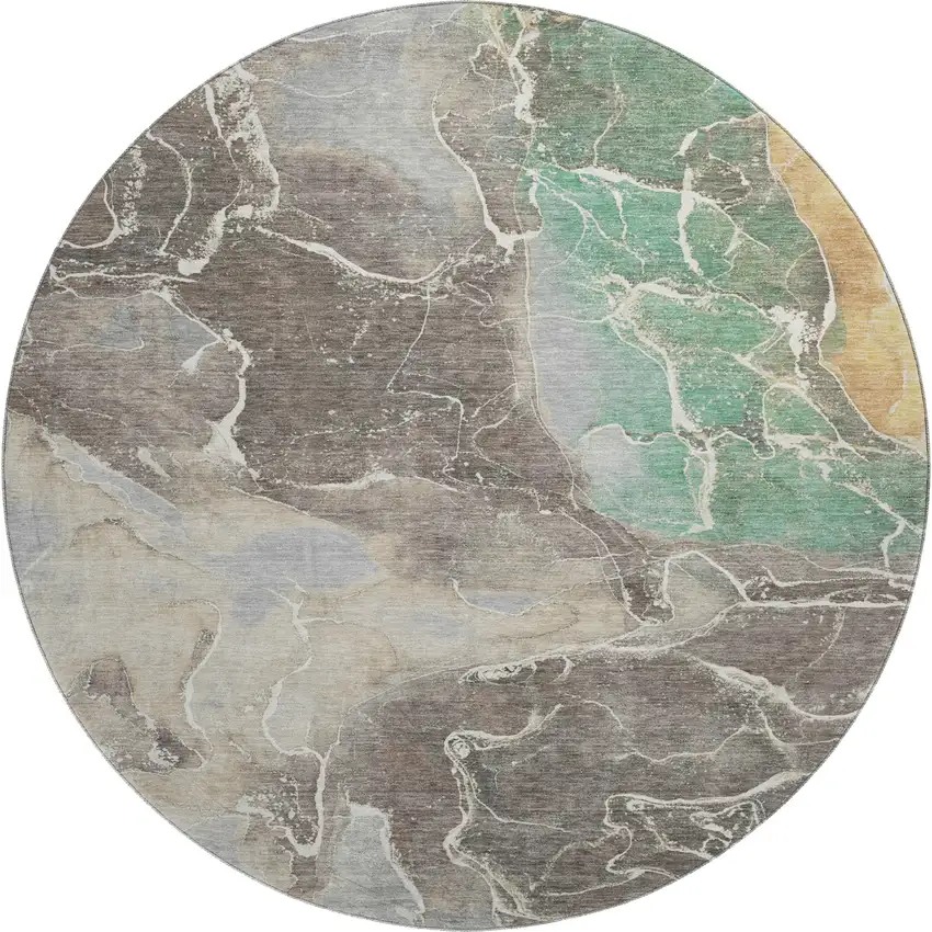 8' Taupe Brown And Gray Abstract Washable Round Rug With UV Protection Photo 1