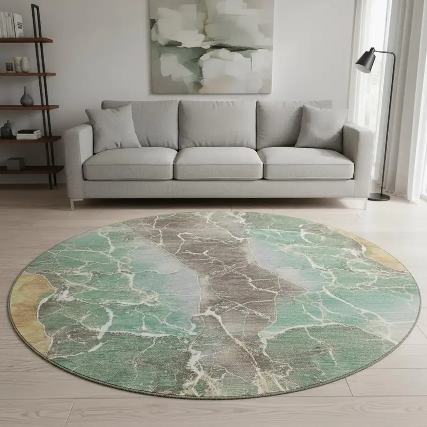 8' Taupe Brown And Gray Abstract Washable Round Rug With UV Protection Photo 2