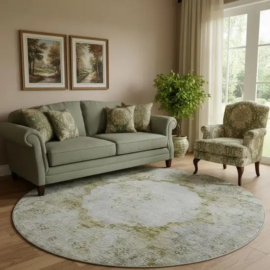 8' Taupe Brown And Gray Oriental Washable Round Rug With UV Protection Photo 1