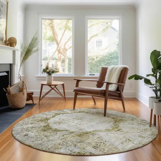 8' Taupe Brown And Gray Oriental Washable Round Rug With UV Protection Photo 4