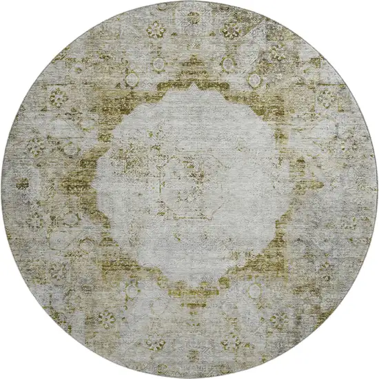 8' Taupe Brown And Gray Oriental Washable Round Rug With UV Protection Photo 1