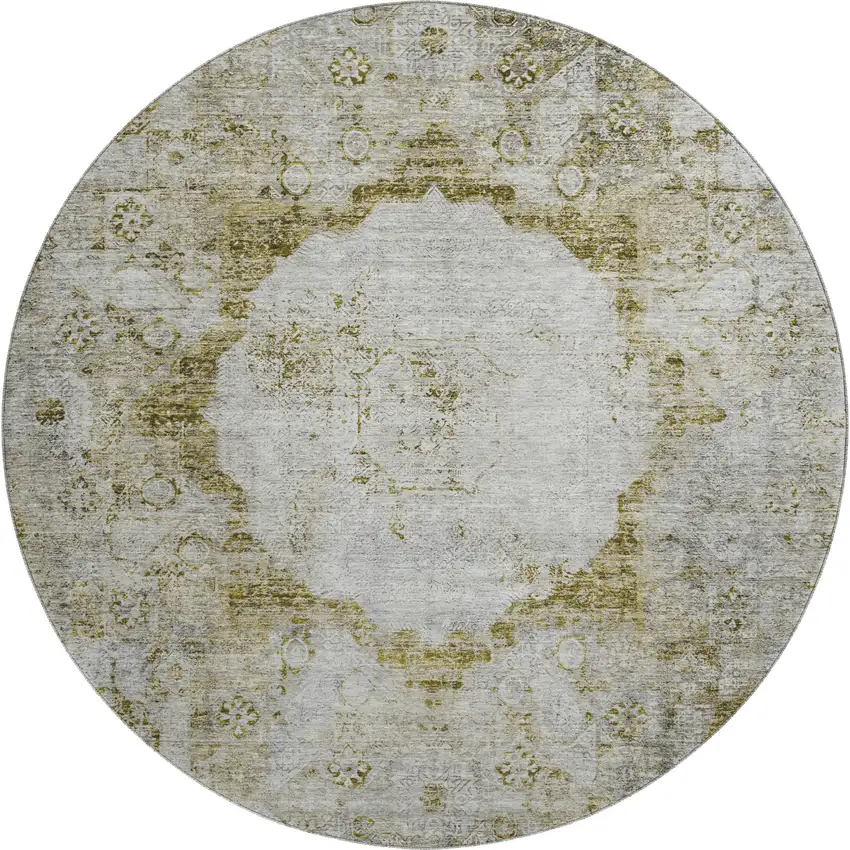 8' Taupe Brown And Gray Oriental Washable Round Rug With UV Protection Photo 1