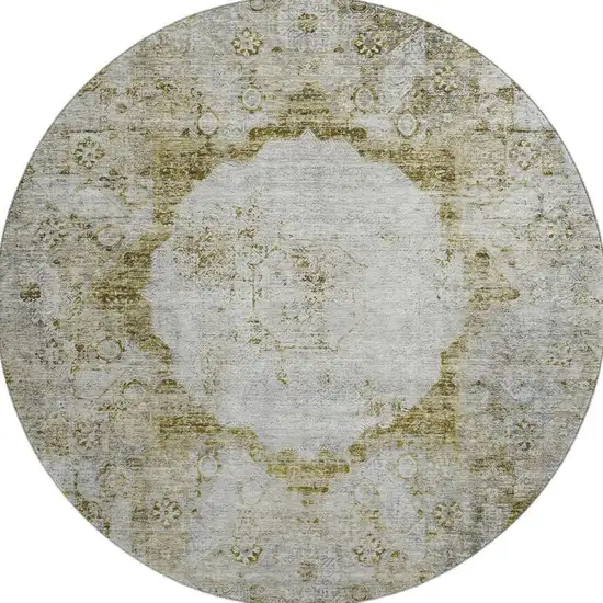 8' Taupe Brown And Gray Oriental Washable Round Rug With UV Protection Photo 3