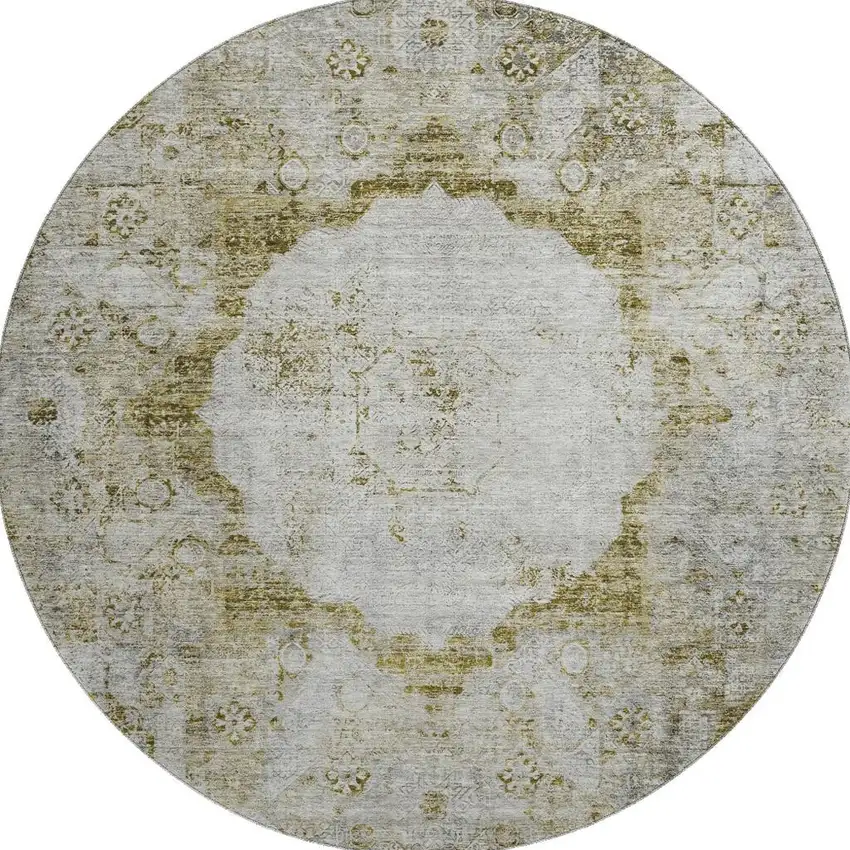 8' Taupe Brown And Gray Oriental Washable Round Rug With UV Protection Photo 3