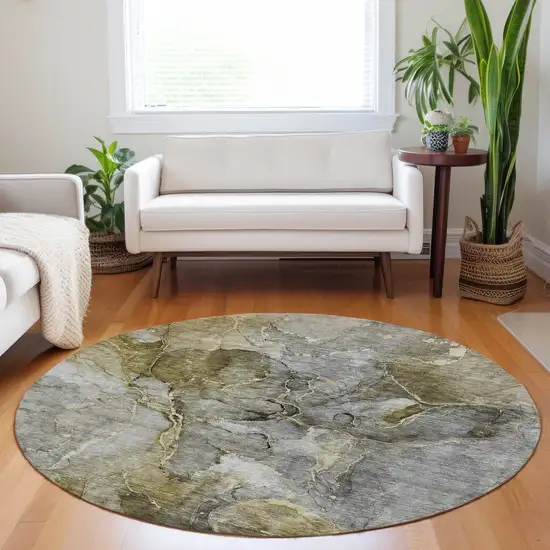8' Taupe Brown And Gray Round Abstract Washable Indoor Outdoor Area Rug Photo 8