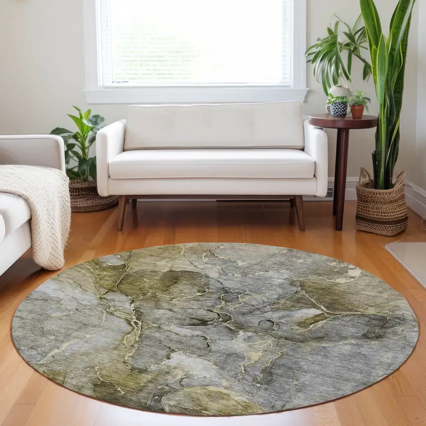 8' Taupe Brown And Gray Round Abstract Washable Indoor Outdoor Area Rug Photo 8