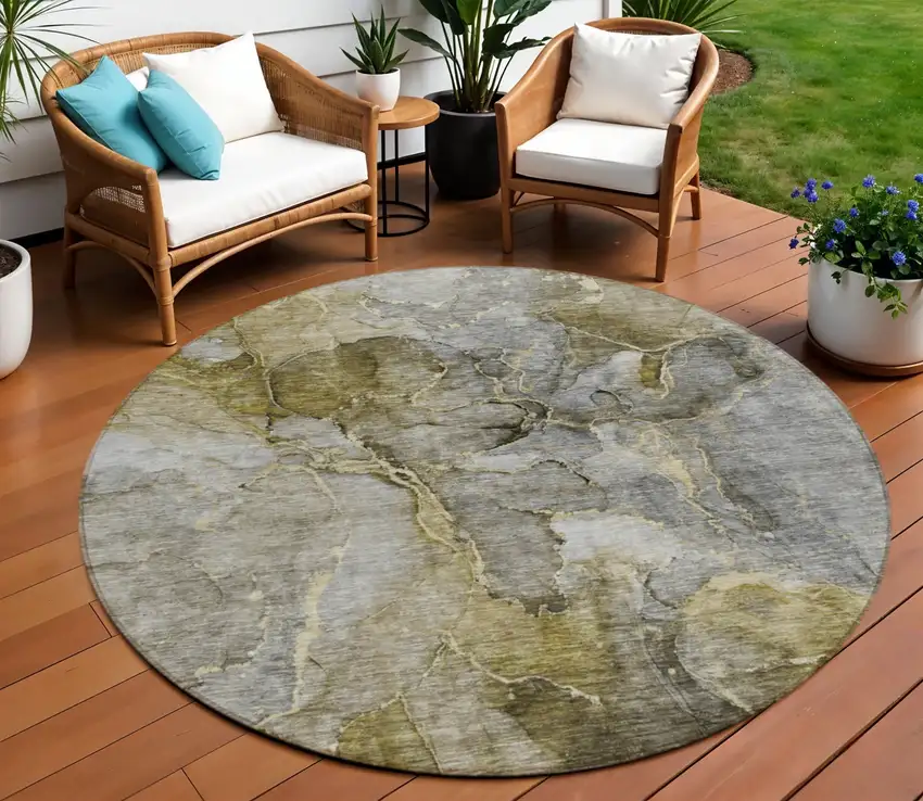 8' Taupe Brown And Gray Round Abstract Washable Indoor Outdoor Area Rug Photo 1