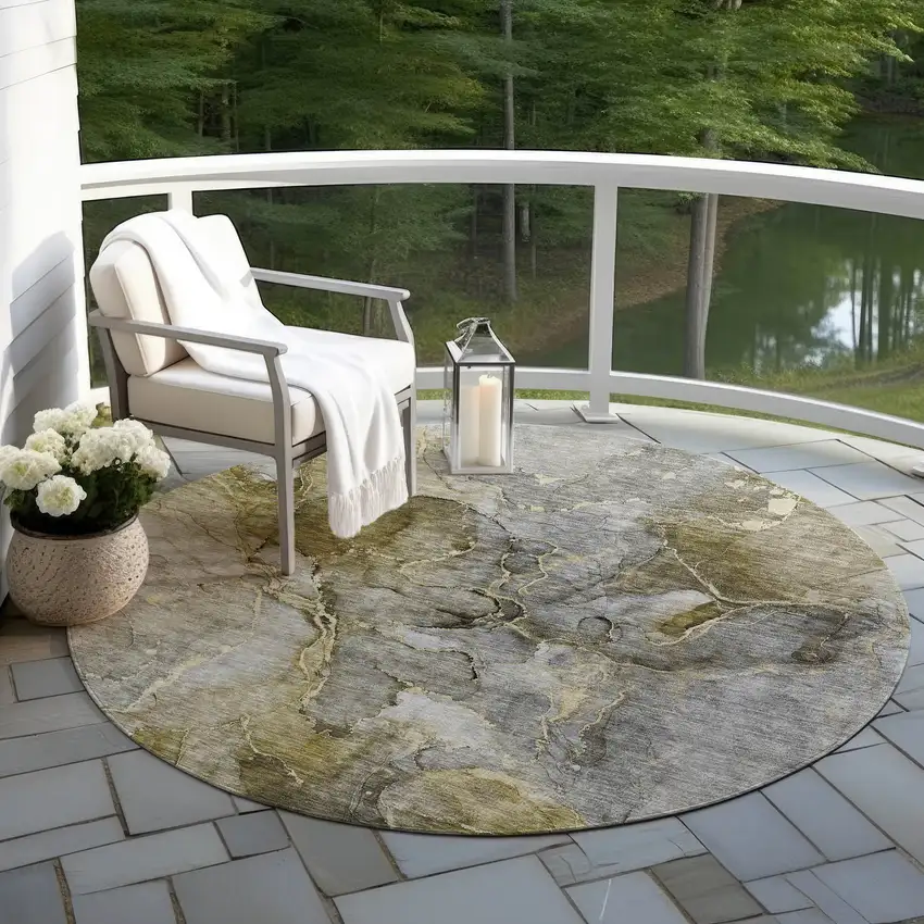 8' Taupe Brown And Gray Round Abstract Washable Indoor Outdoor Area Rug Photo 7