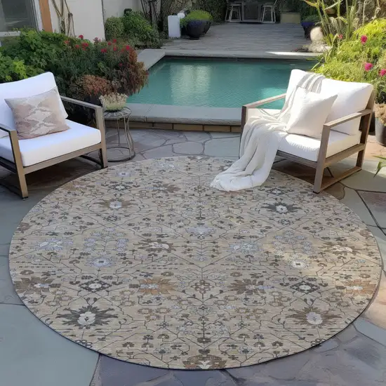 8' Taupe Brown And Gray Round Oriental Washable Indoor Outdoor Area Rug Photo 6