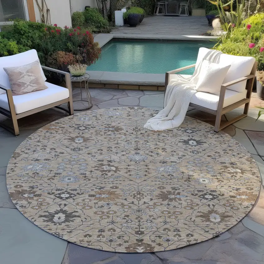 8' Taupe Brown And Gray Round Oriental Washable Indoor Outdoor Area Rug Photo 6