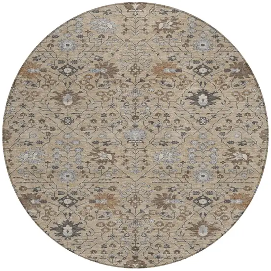 8' Taupe Brown And Gray Round Oriental Washable Indoor Outdoor Area Rug Photo 5