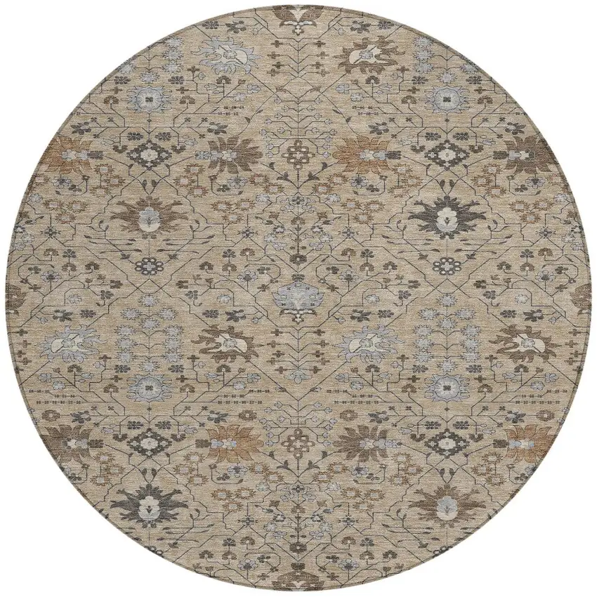 8' Taupe Brown And Gray Round Oriental Washable Indoor Outdoor Area Rug Photo 5