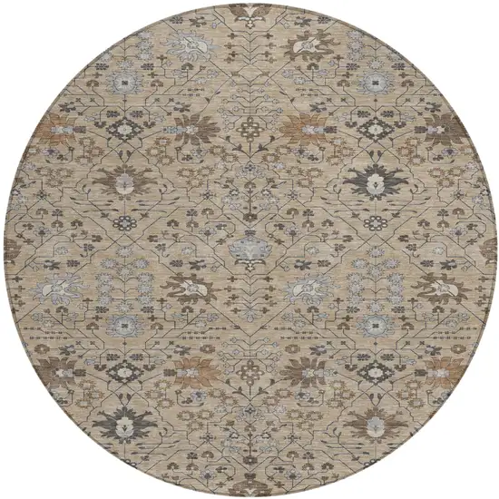 8' Taupe Brown And Gray Round Oriental Washable Indoor Outdoor Area Rug Photo 2