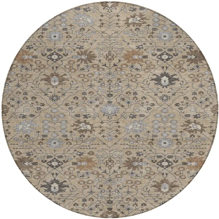 8' Taupe Brown And Gray Round Oriental Washable Indoor Outdoor Area Rug Photo 2