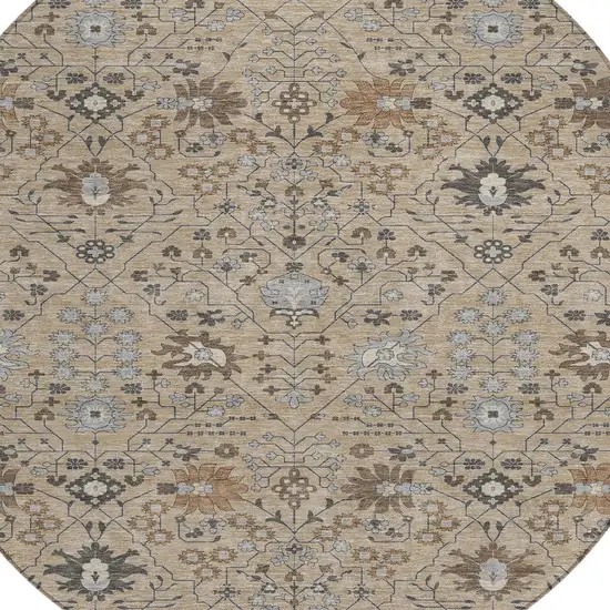 8' Taupe Brown And Gray Round Oriental Washable Indoor Outdoor Area Rug Photo 4