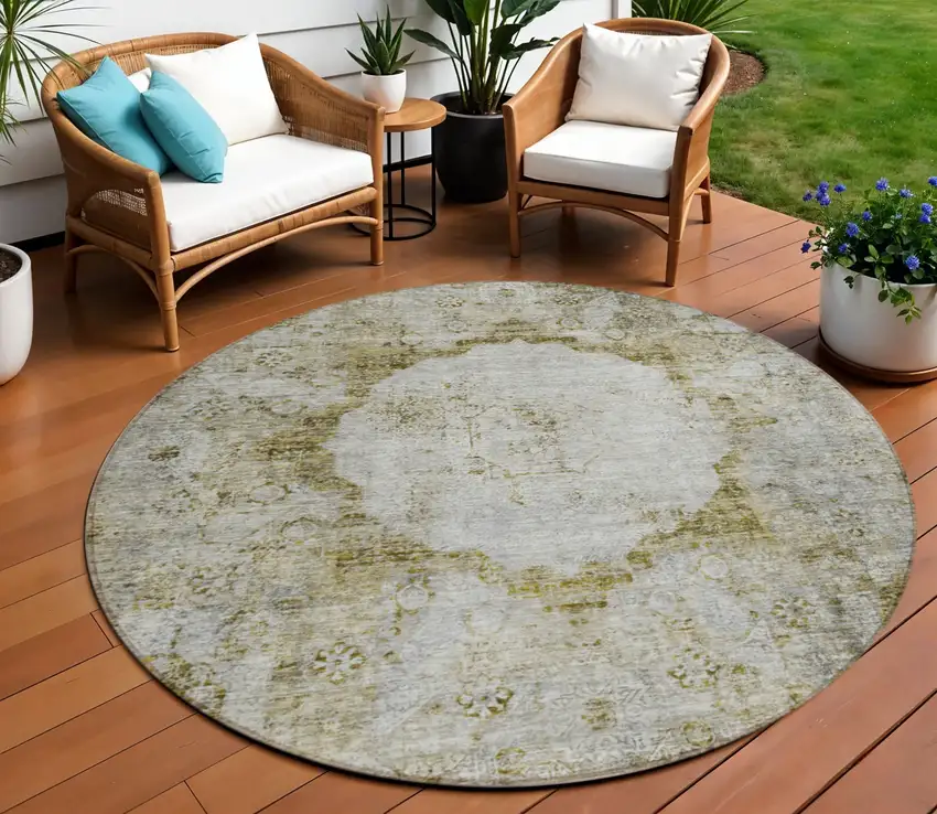 8' Taupe Brown And Gray Round Oriental Washable Indoor Outdoor Area Rug Photo 1
