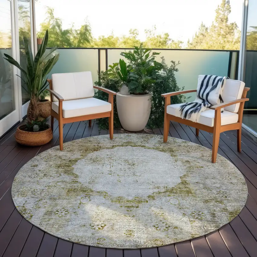 8' Taupe Brown And Gray Round Oriental Washable Indoor Outdoor Area Rug Photo 6