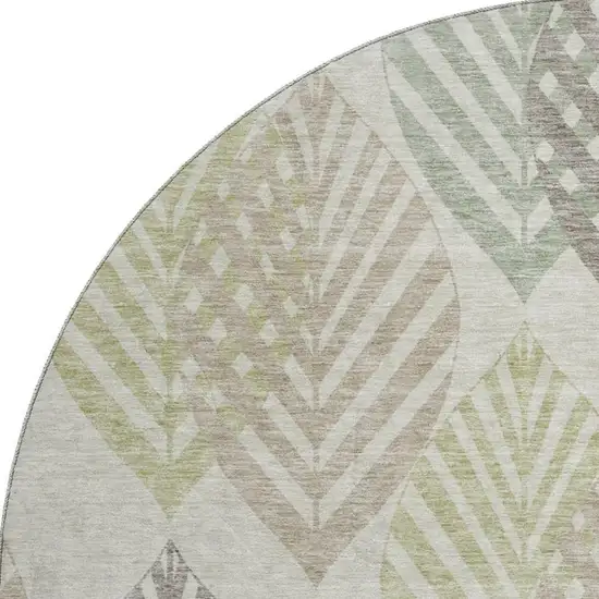 8' Taupe Brown And Green Floral Washable Round Rug With UV Protection Photo 3