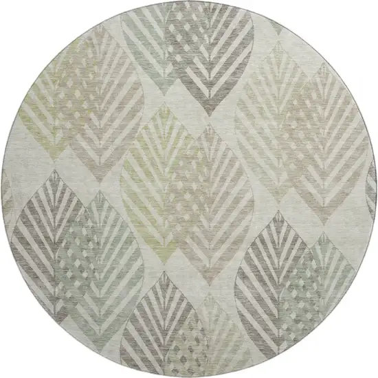 8' Taupe Brown And Green Floral Washable Round Rug With UV Protection Photo 1