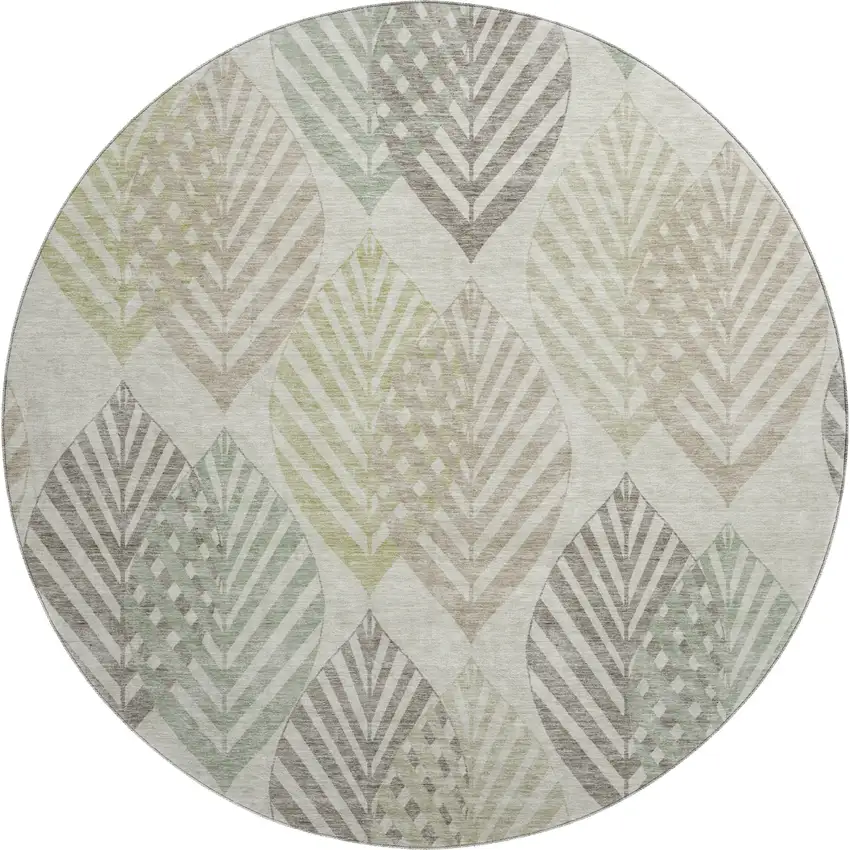 8' Taupe Brown And Green Floral Washable Round Rug With UV Protection Photo 1