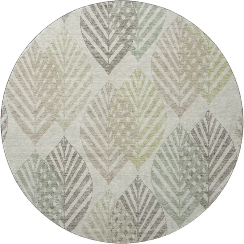 8' Taupe Brown And Green Floral Washable Round Rug With UV Protection Photo 4