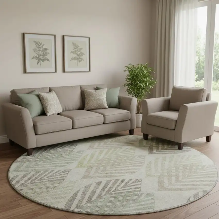 8' Taupe Brown And Green Floral Washable Round Rug With UV Protection Photo 1