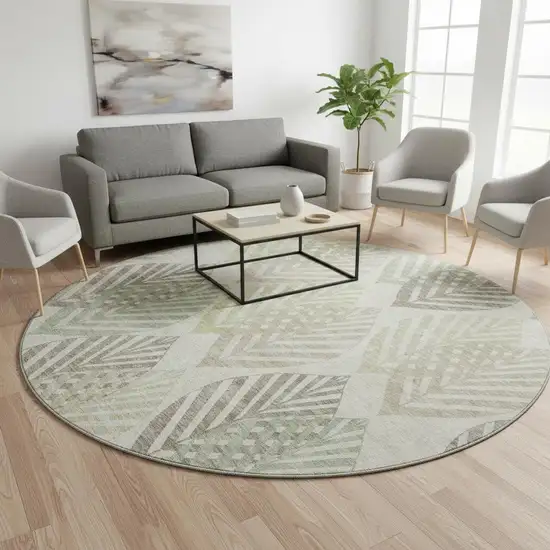 8' Taupe Brown And Green Floral Washable Round Rug With UV Protection Photo 2