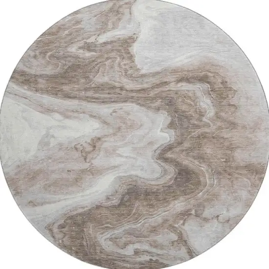 8' Taupe Brown And Ivory Abstract Washable Round Rug With UV Protection Photo 2