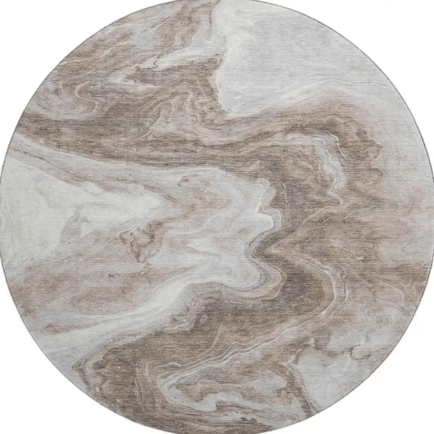 8' Taupe Brown And Ivory Abstract Washable Round Rug With UV Protection Photo 2