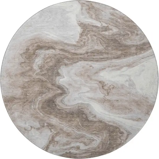 8' Taupe Brown And Ivory Abstract Washable Round Rug With UV Protection Photo 3