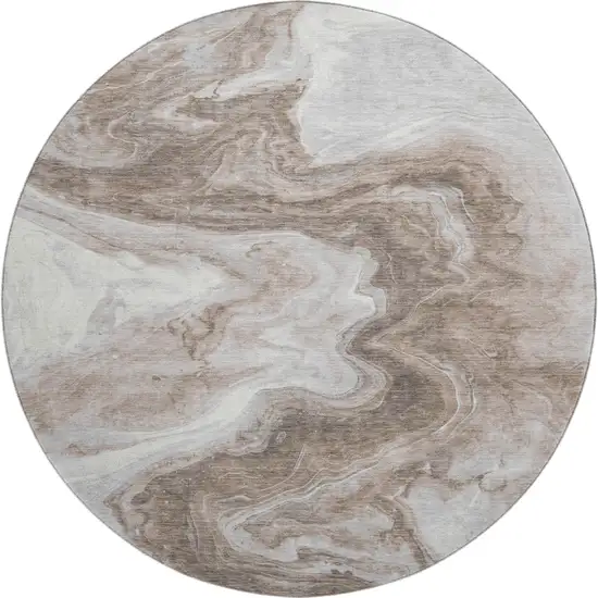 8' Taupe Brown And Ivory Abstract Washable Round Rug With UV Protection Photo 1