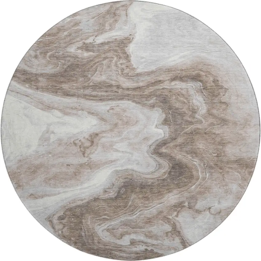 8' Taupe Brown And Ivory Abstract Washable Round Rug With UV Protection Photo 1