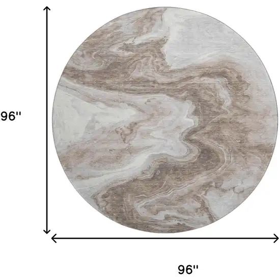 8' Taupe Brown And Ivory Abstract Washable Round Rug With UV Protection Photo 9