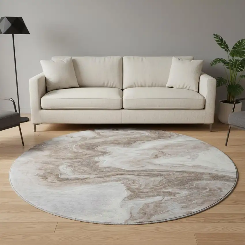 8' Taupe Brown And Ivory Abstract Washable Round Rug With UV Protection Photo 2