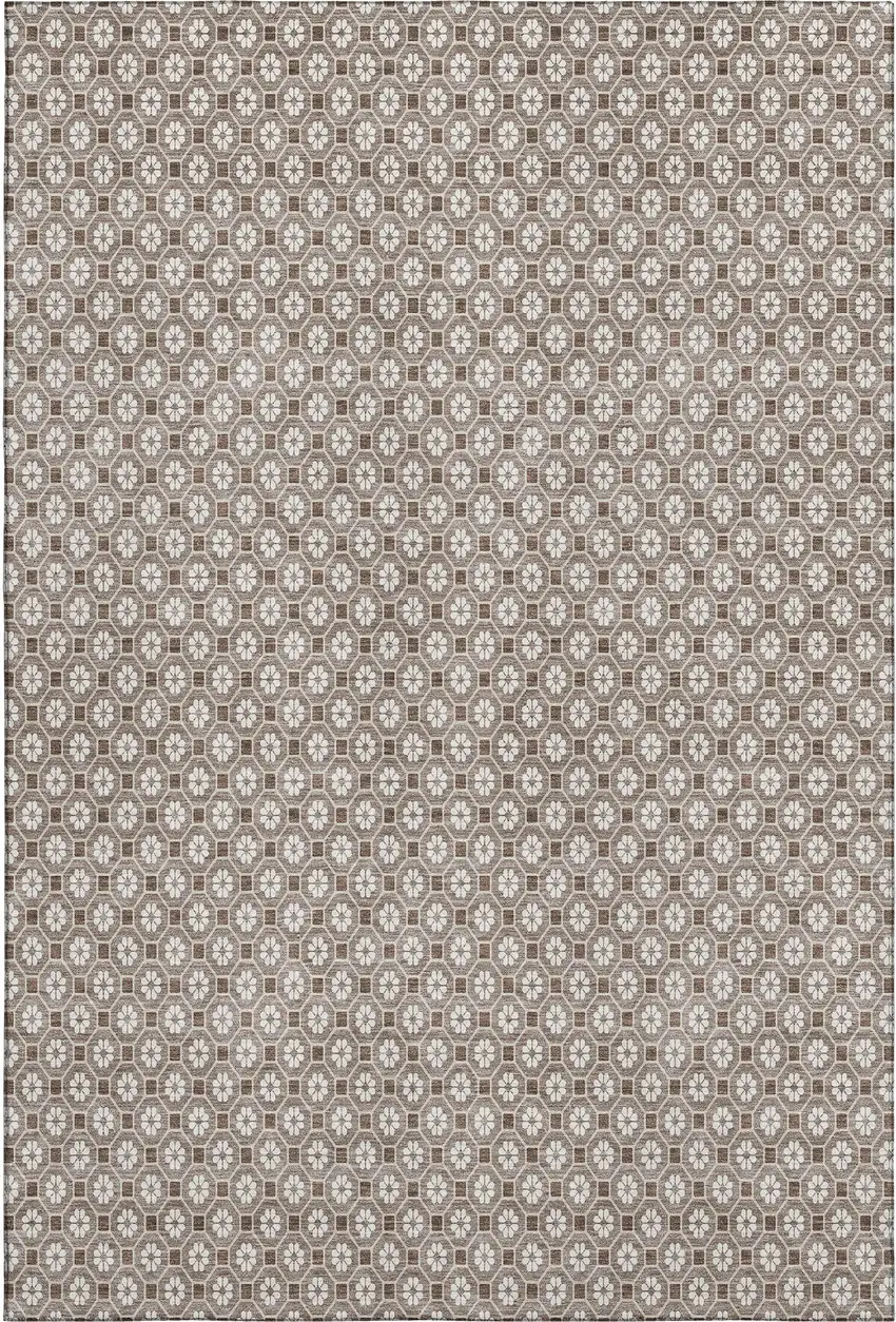 8' Taupe Brown And Ivory Geometric Washable Area Rug With UV Protection Photo 1