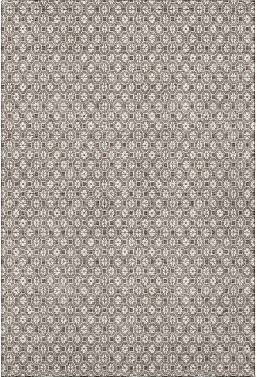 8' Taupe Brown And Ivory Geometric Washable Area Rug With UV Protection Photo 3