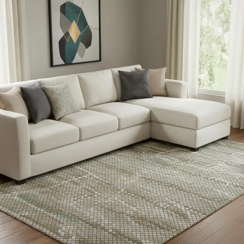 8' Taupe Brown And Ivory Geometric Washable Area Rug With UV Protection Photo 2