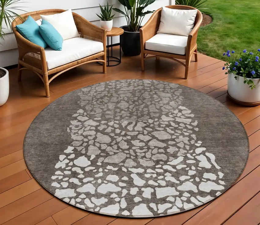 8' Taupe Brown And Ivory Round Abstract Washable Indoor Outdoor Area Rug Photo 1