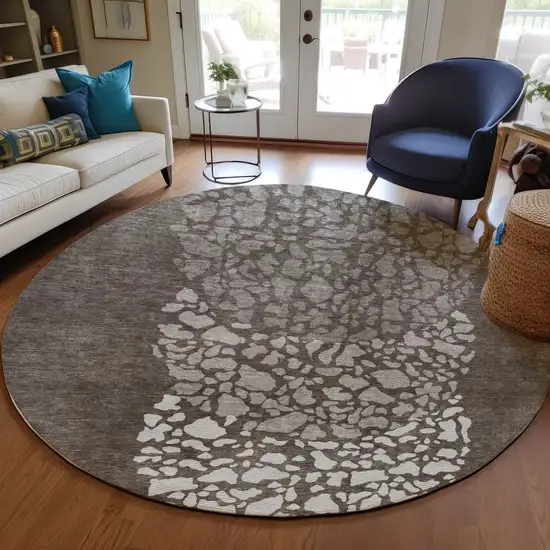 8' Taupe Brown And Ivory Round Abstract Washable Indoor Outdoor Area Rug Photo 7