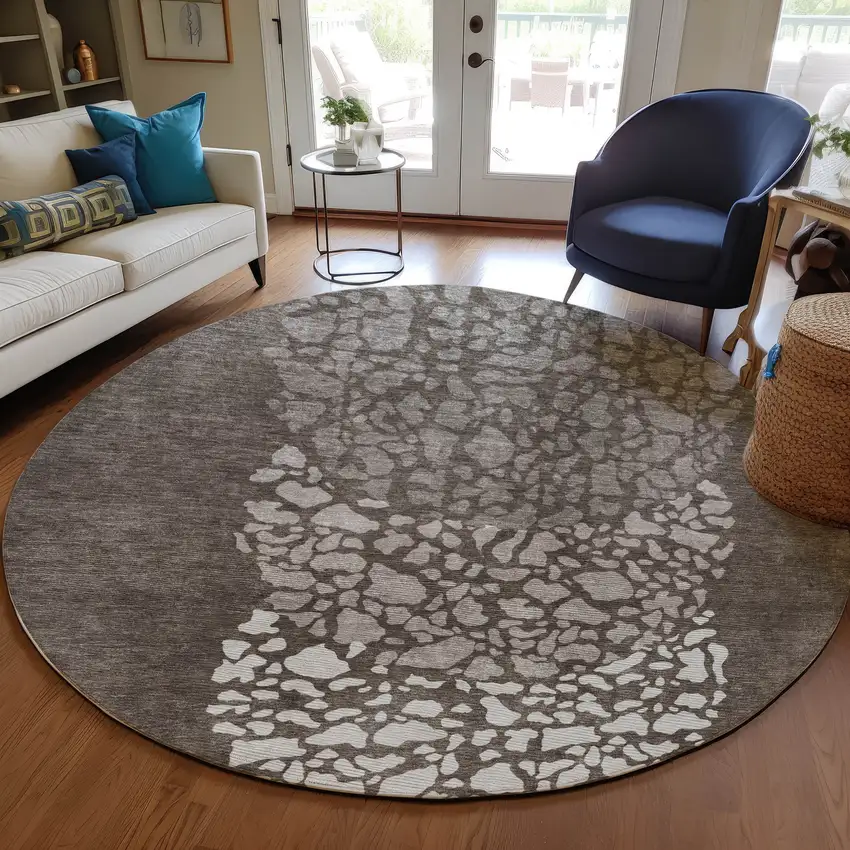 8' Taupe Brown And Ivory Round Abstract Washable Indoor Outdoor Area Rug Photo 7
