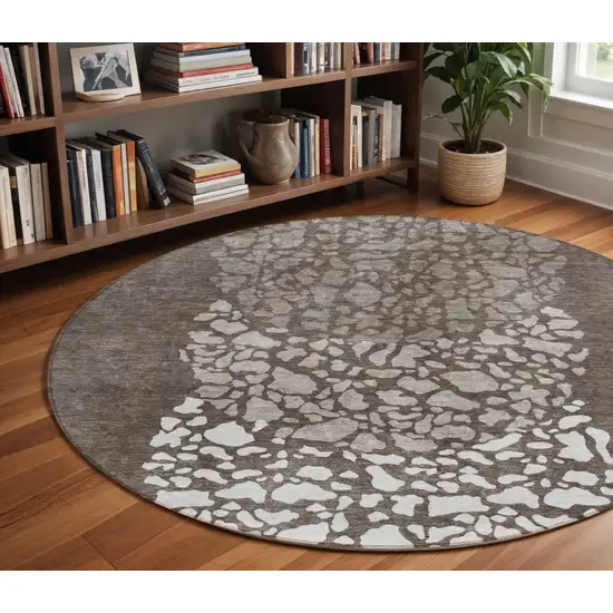8' Taupe Brown And Ivory Round Abstract Washable Indoor Outdoor Area Rug Photo 9