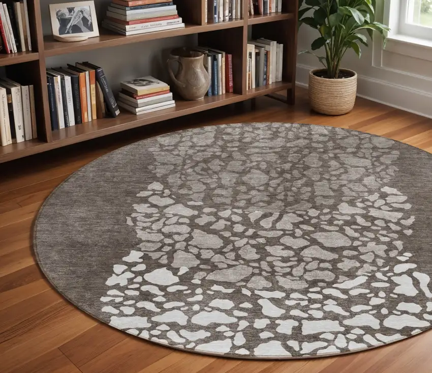 8' Taupe Brown And Ivory Round Abstract Washable Indoor Outdoor Area Rug Photo 9